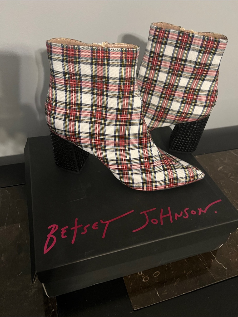 Betsey Johnson Plaid Pointed Ankle Boots in Red, White & Black